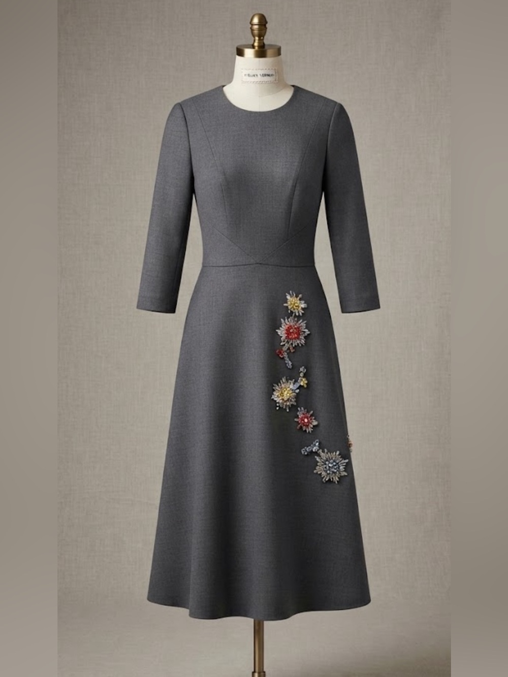 Anthropologie x Mignon Doo Dark Grey Midi Dress with Floral Beading - Size XS